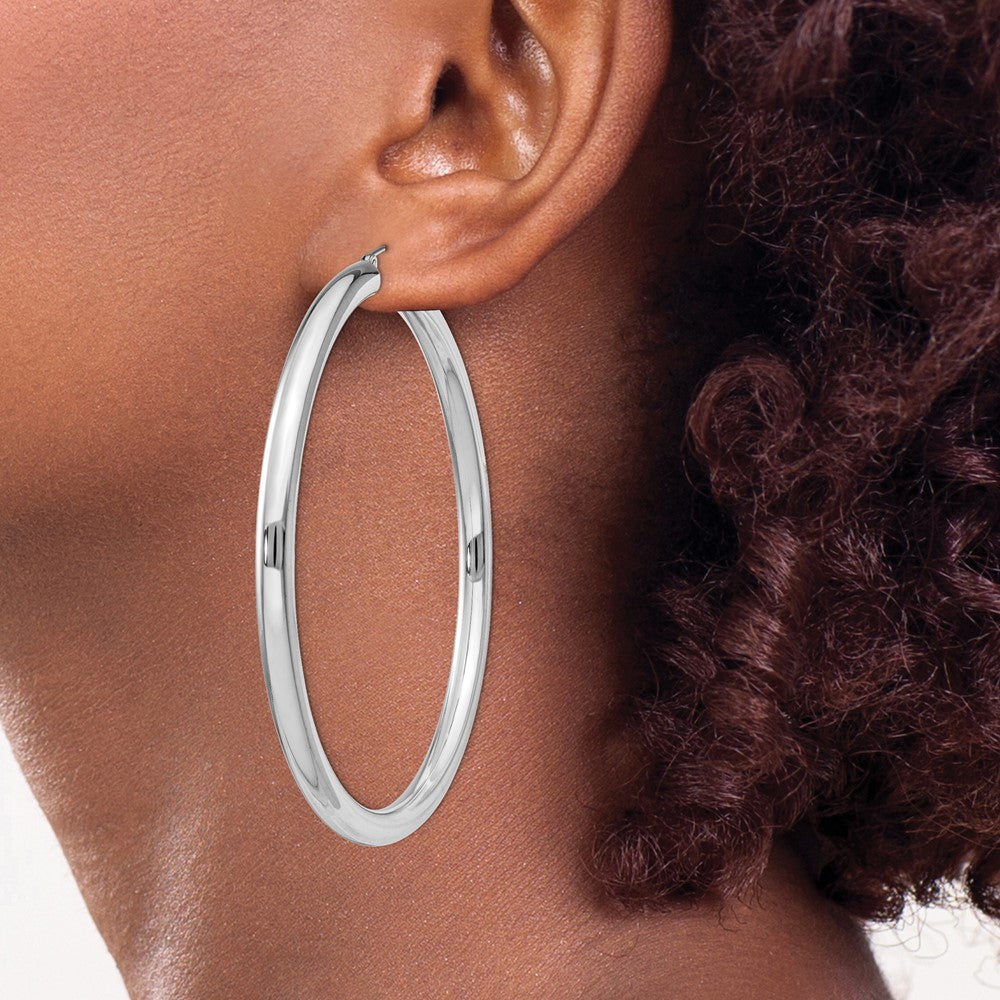 Alternate view of the 4mm Sterling Silver, Extra Large Round Hoop Earrings, 65mm (2 1/2 In) by The Black Bow Jewelry Co.