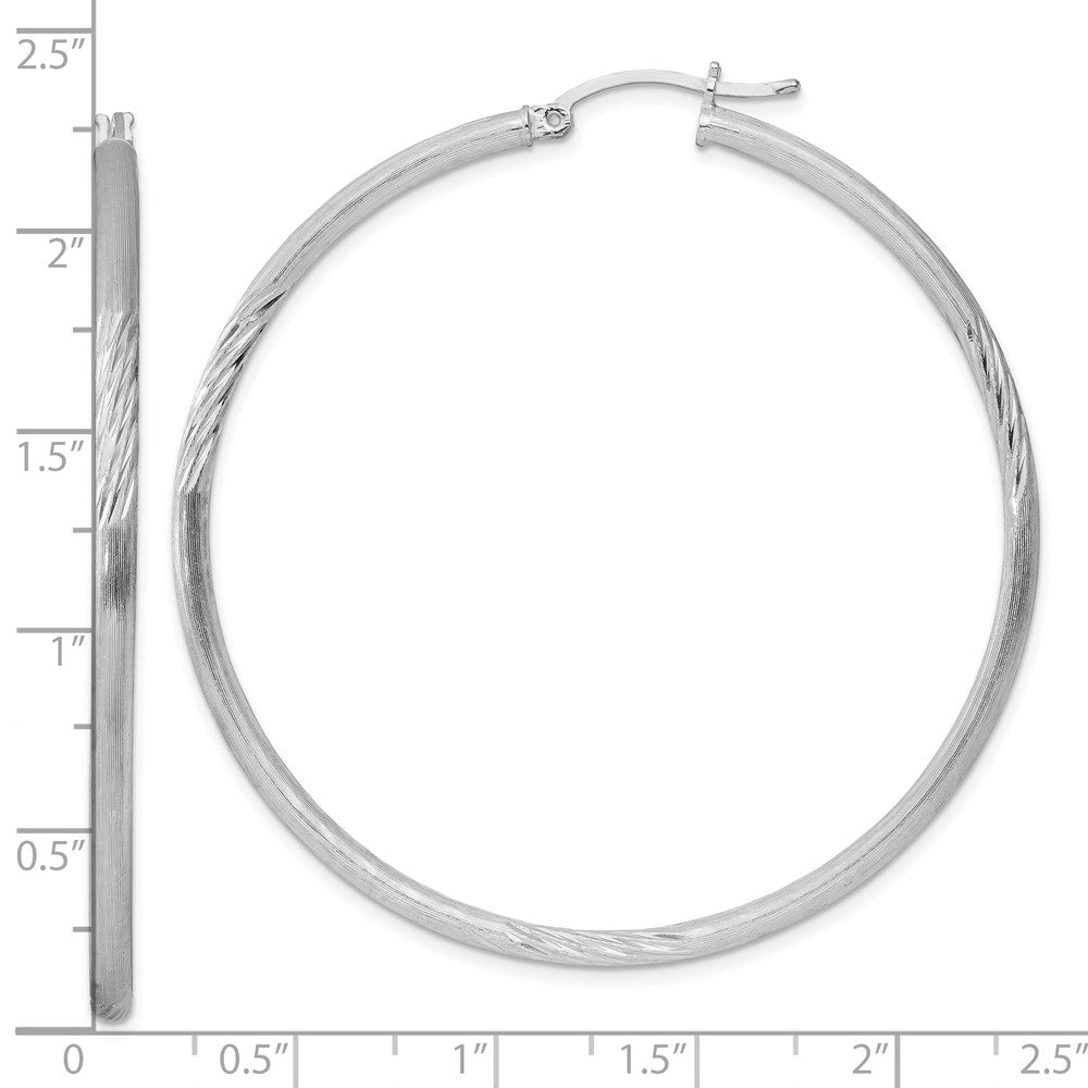 Alternate view of the 2.5mm, Satin, Diamond Cut, XL Sterling Silver Hoops, 55mm (2 1/8 Inch) by The Black Bow Jewelry Co.