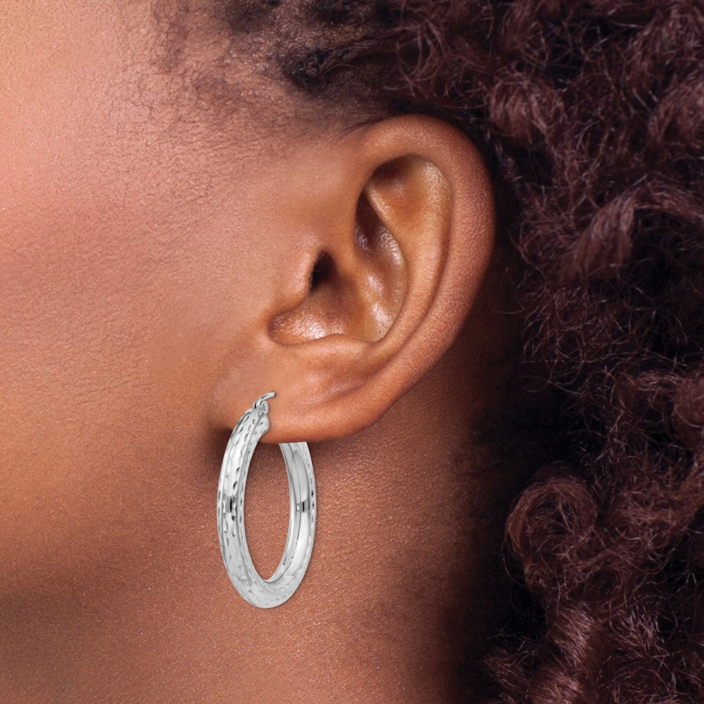 Alternate view of the 4mm, Polished/Diamond Cut, LG Sterling Silver Hoops, 30mm (1 1/8 Inch) by The Black Bow Jewelry Co.