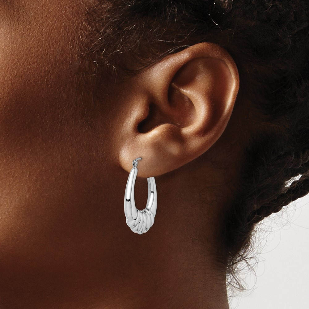 Alternate view of the Rhodium Plated Sterling Silver Oval Shrimp Hoop Earrings, 22 x 29mm by The Black Bow Jewelry Co.