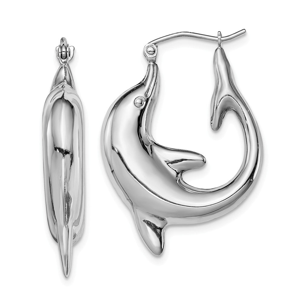 Dolphin Hoop Earrings in Sterling Silver - 30mm (1-1/8 in), Item E9064-30 by The Black Bow Jewelry Co.