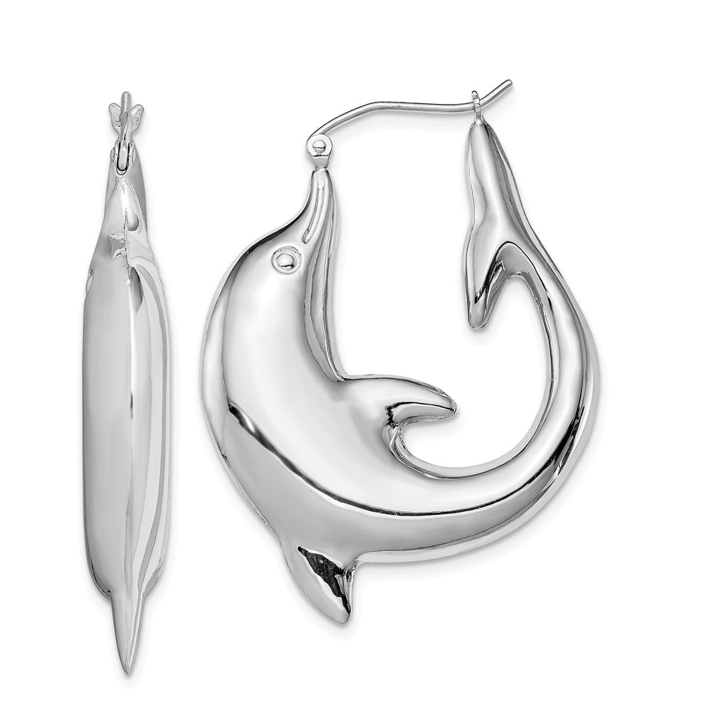 Dolphin Hoop Earrings in Sterling Silver - 42mm (1-5/8 in), Item E9064-42 by The Black Bow Jewelry Co.