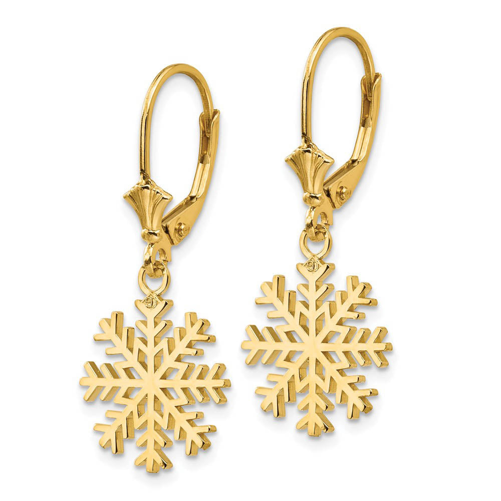 Alternate view of the 14k Yellow Gold Snowflake Leverback Earrings by The Black Bow Jewelry Co.