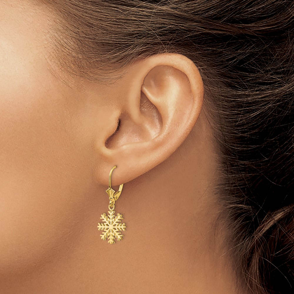 Alternate view of the 14k Yellow Gold Snowflake Leverback Earrings by The Black Bow Jewelry Co.