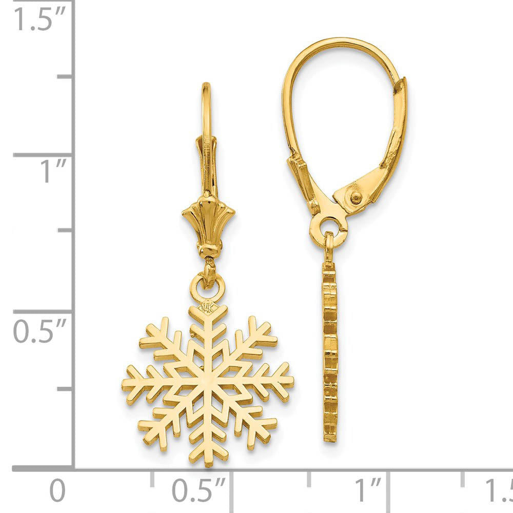 Alternate view of the 14k Yellow Gold Snowflake Leverback Earrings by The Black Bow Jewelry Co.