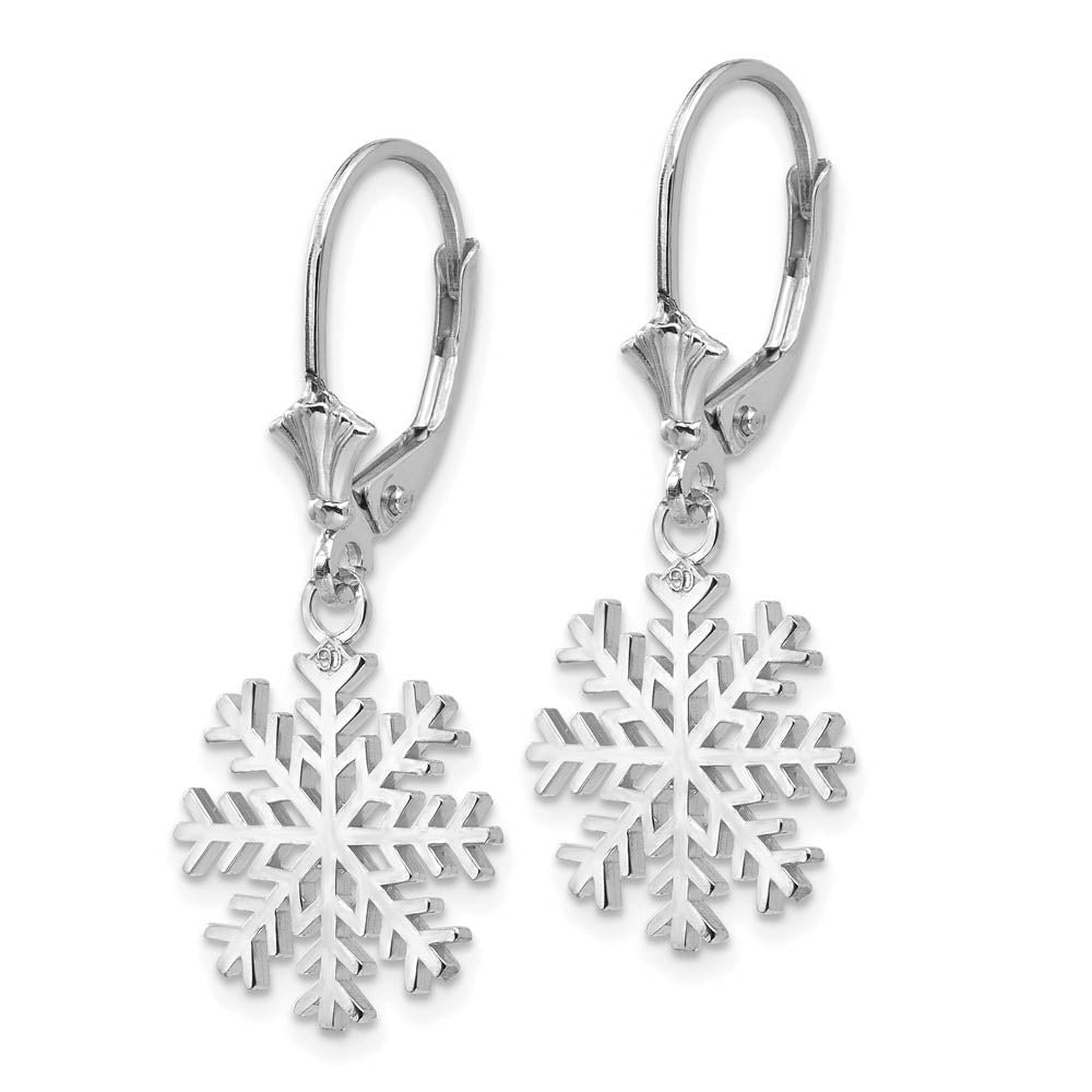 Alternate view of the 14k White Gold 3-D Snowflake Leverback Earrings by The Black Bow Jewelry Co.