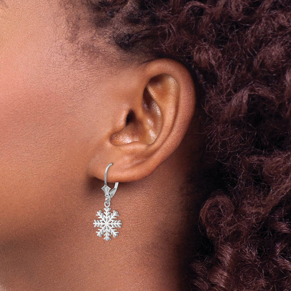 Alternate view of the 14k White Gold 3-D Snowflake Leverback Earrings by The Black Bow Jewelry Co.