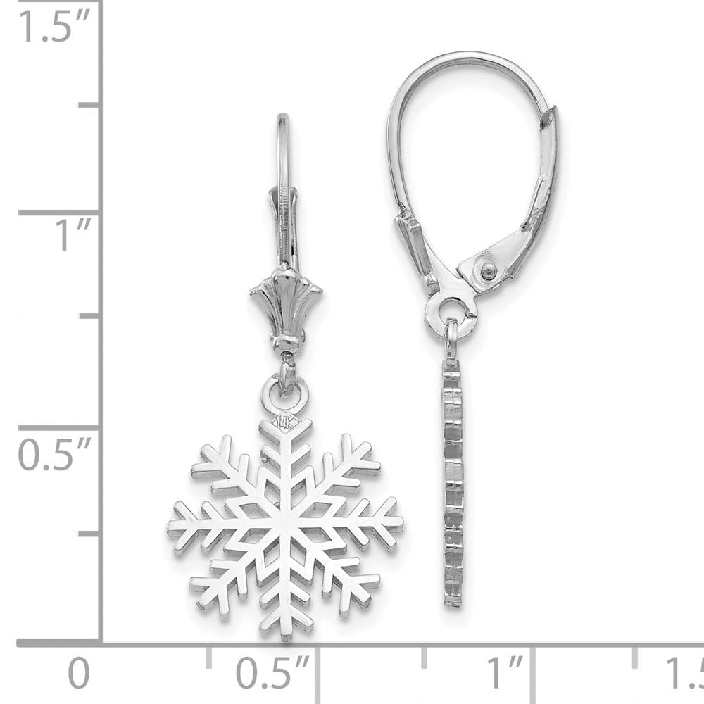 Alternate view of the 14k White Gold 3-D Snowflake Leverback Earrings by The Black Bow Jewelry Co.
