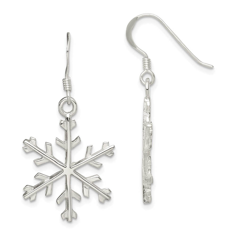 Sterling Silver Polished Snowflake Dangle Earrings - 7/8 Inches, Item E9126 by The Black Bow Jewelry Co.