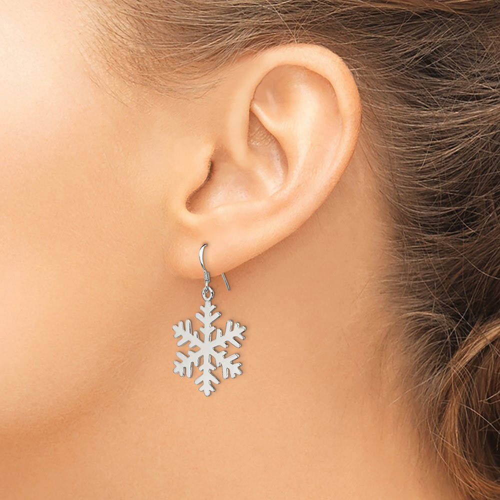 Alternate view of the Sterling Silver Polished and Full Snowflake Dangle Earrings - 1 Inch by The Black Bow Jewelry Co.