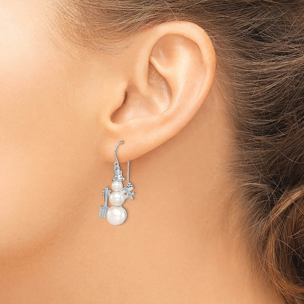Alternate view of the Rhodium Plated Sterling Silver & FW Cultured Pearl Snowman Earrings by The Black Bow Jewelry Co.