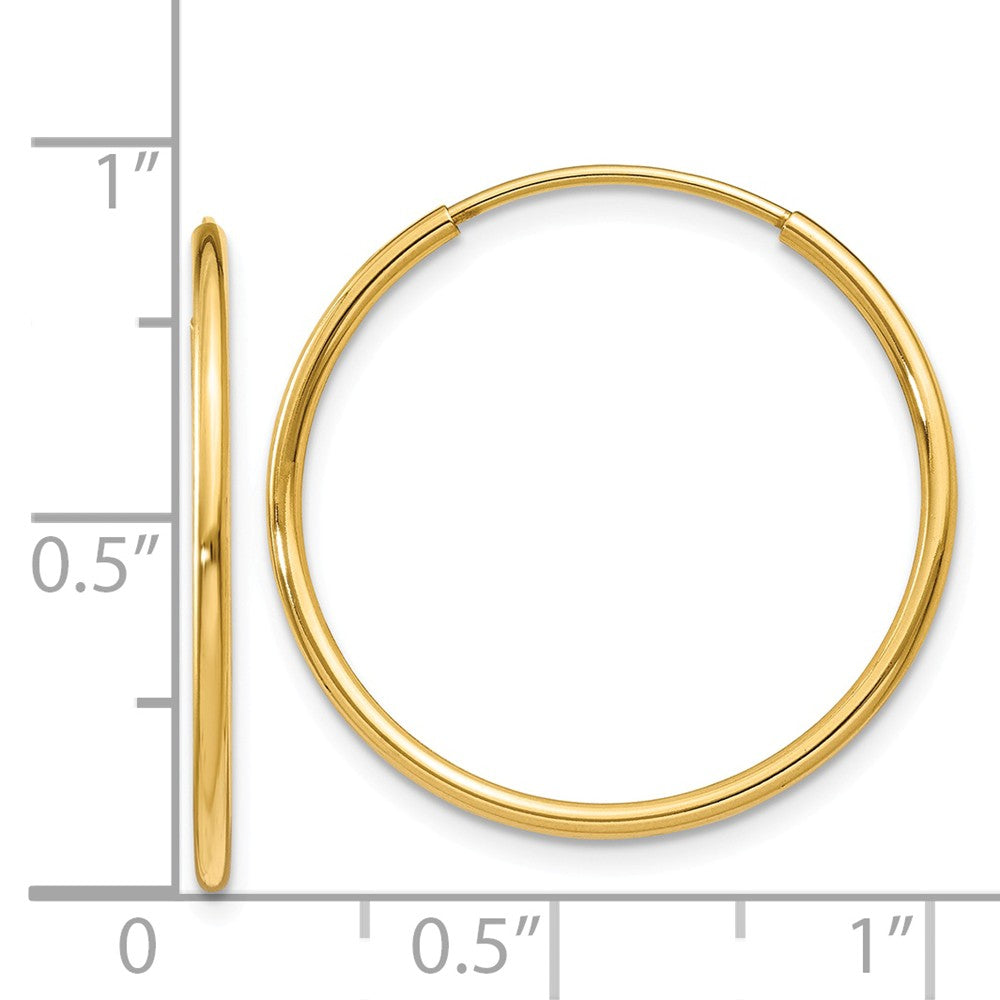 Alternate view of the 1.25mm, 14k Yellow Gold Endless Hoop Earrings, 22mm (7/8 Inch) by The Black Bow Jewelry Co.