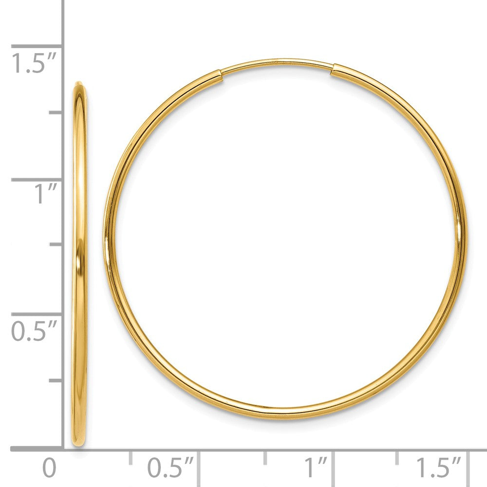 Alternate view of the 1.25mm, 14k Yellow Gold Endless Hoop Earrings, 32mm (1 1/4 Inch) by The Black Bow Jewelry Co.