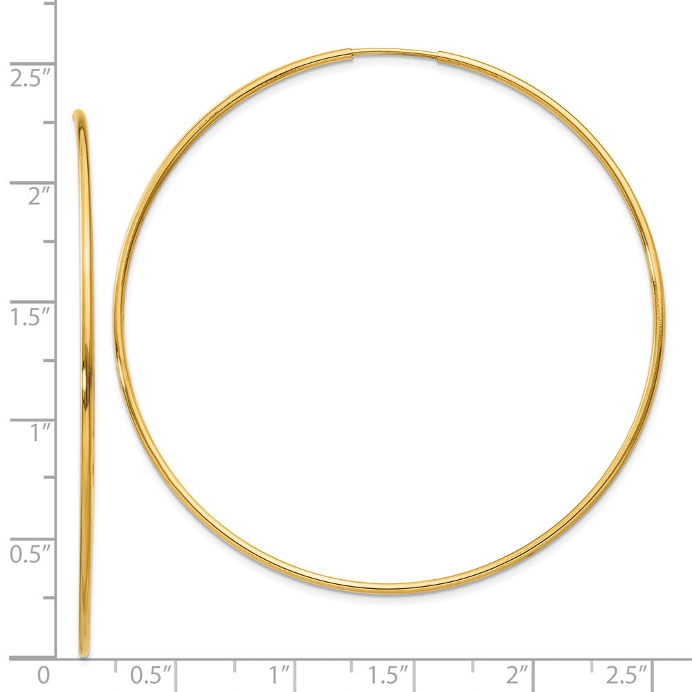 Alternate view of the 1.25mm, 14k Yellow Gold Endless Hoop Earrings, 60mm (2 3/8 Inch) by The Black Bow Jewelry Co.