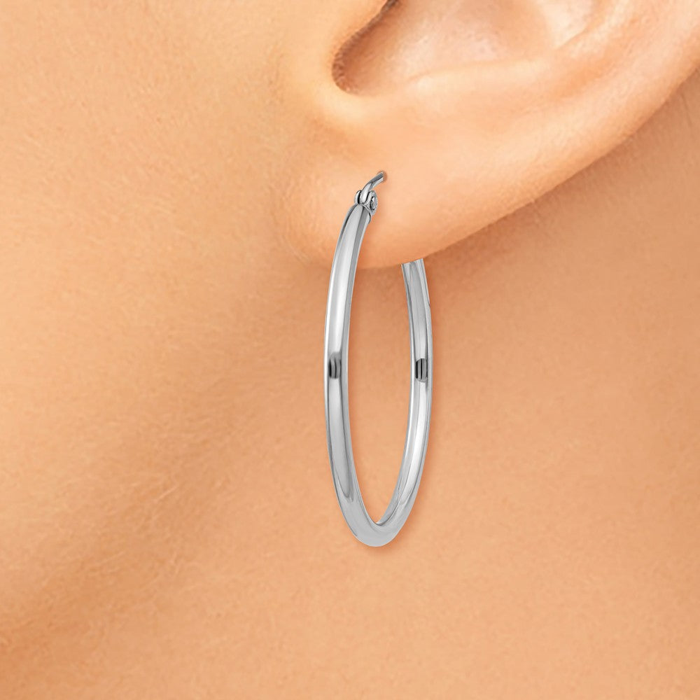 Alternate view of the 2mm, 14k White Gold Classic Round Hoop Earrings, 30mm (1 1/8 Inch) by The Black Bow Jewelry Co.