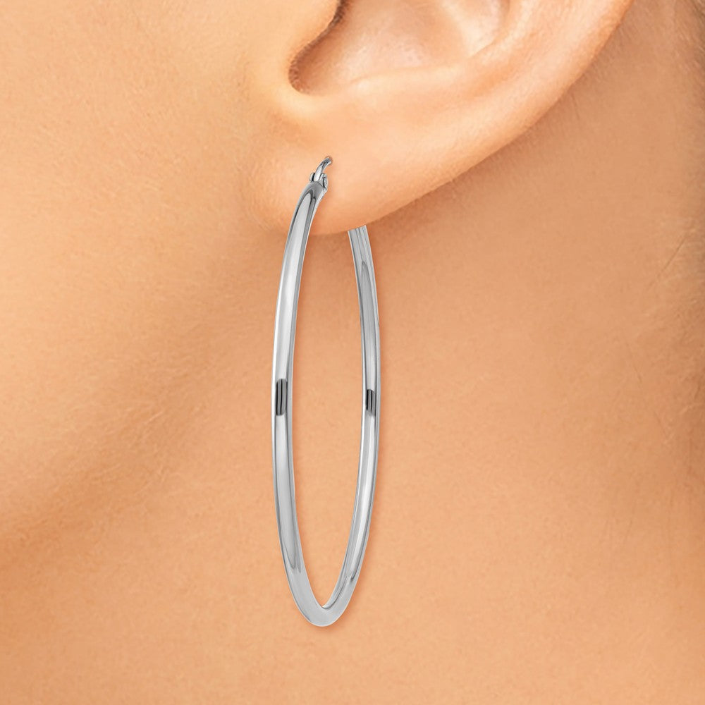 Alternate view of the 2mm, 14k White Gold Classic Round Hoop Earrings, 45mm (1 3/4 Inch) by The Black Bow Jewelry Co.