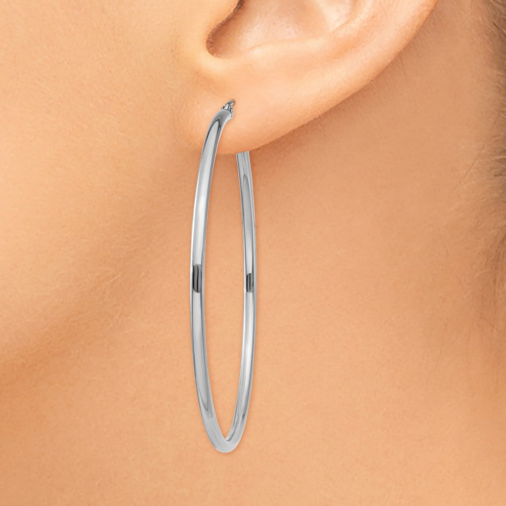 Alternate view of the 2mm, 14k White Gold Classic Round Hoop Earrings, 50mm (1 7/8 Inch) by The Black Bow Jewelry Co.