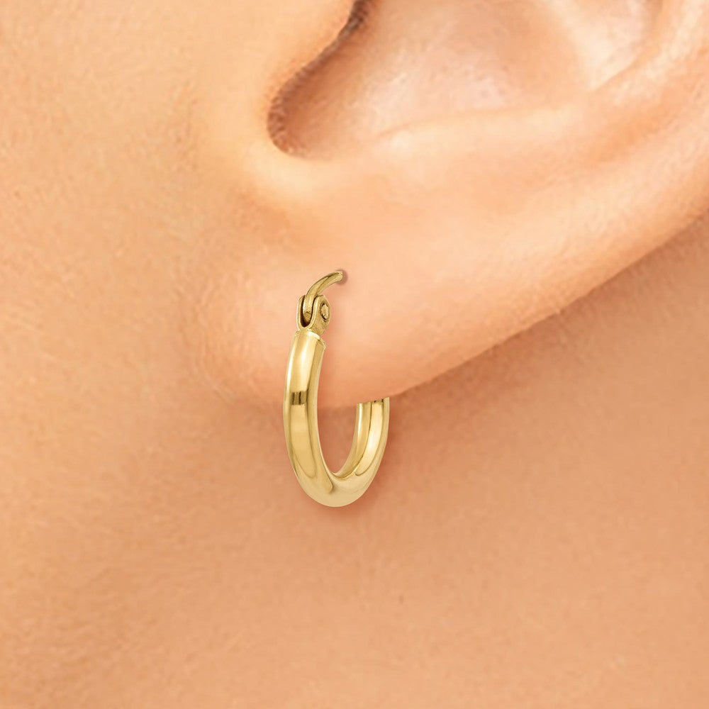 Alternate view of the 2mm, 14k Yellow Gold Classic Round Hoop Earrings, 12mm (7/16 Inch) by The Black Bow Jewelry Co.