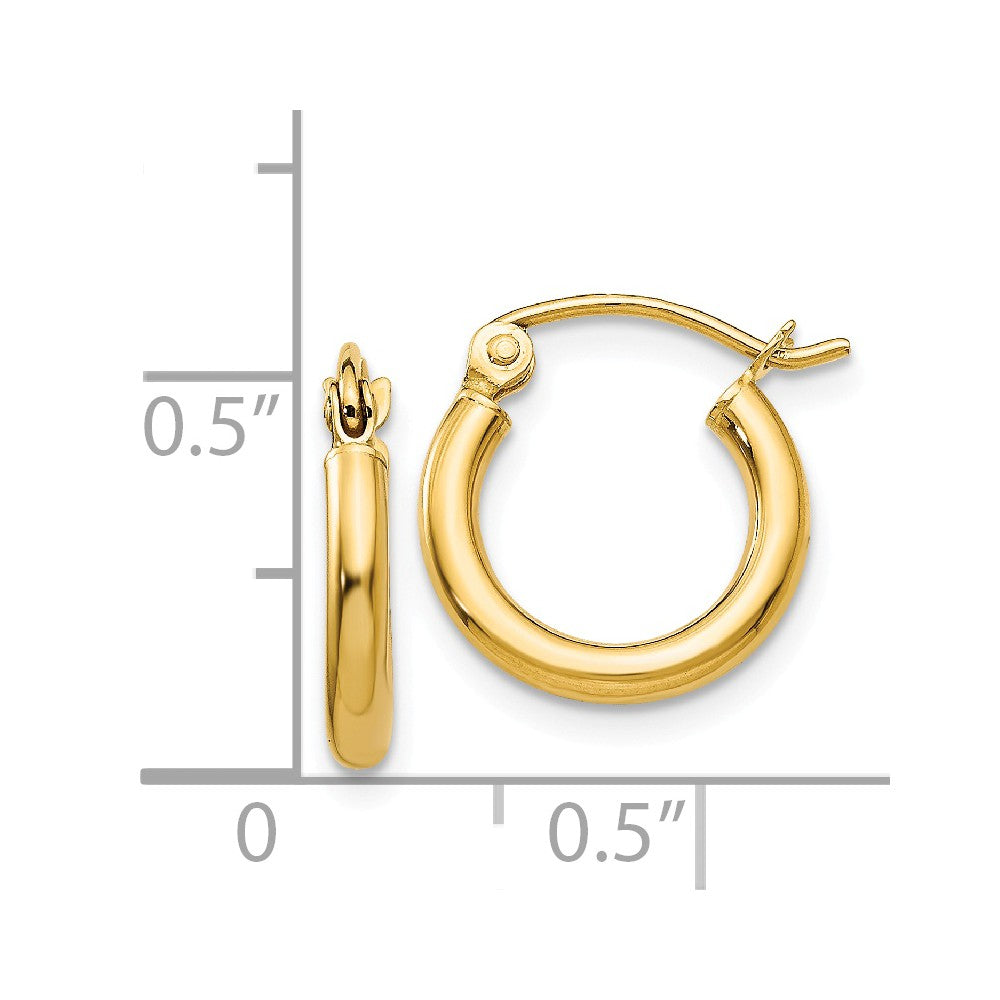 Alternate view of the 2mm, 14k Yellow Gold Classic Round Hoop Earrings, 12mm (7/16 Inch) by The Black Bow Jewelry Co.