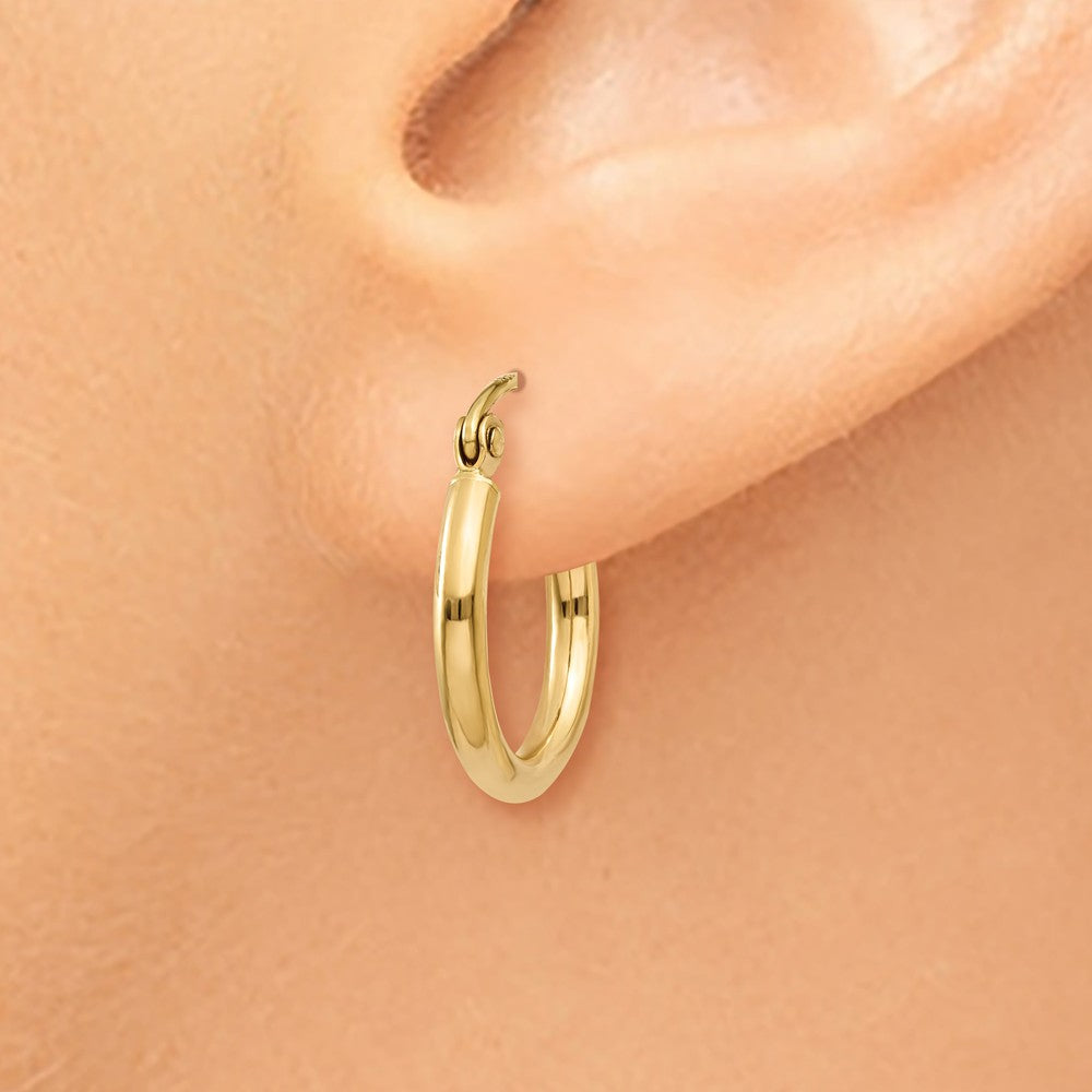 Alternate view of the 2mm, 14k Yellow Gold Classic Round Hoop Earrings, 15mm (9/16 Inch) by The Black Bow Jewelry Co.