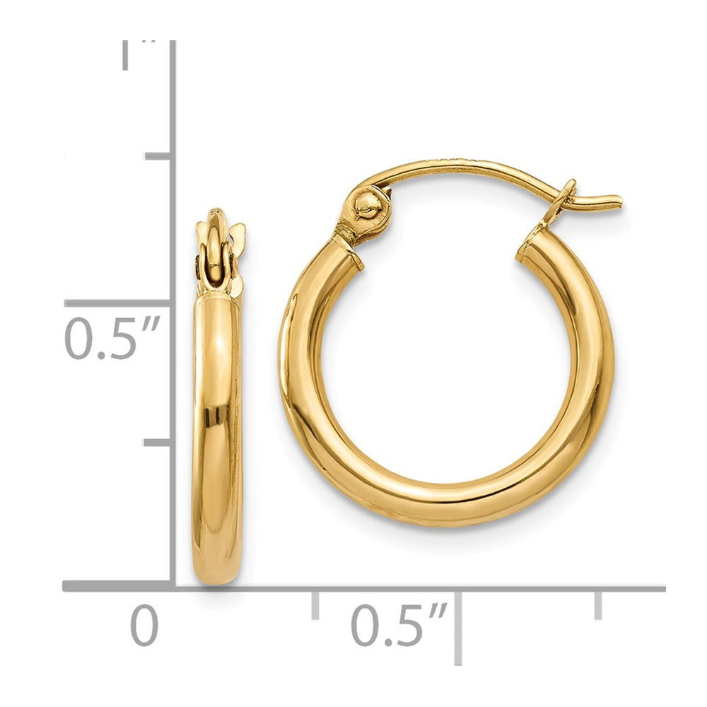 Alternate view of the 2mm, 14k Yellow Gold Classic Round Hoop Earrings, 15mm (9/16 Inch) by The Black Bow Jewelry Co.