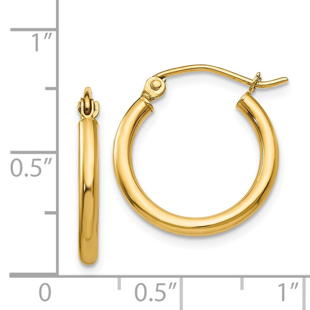 Alternate view of the 2mm, 14k Yellow Gold Classic Round Hoop Earrings, 17mm (5/8 Inch) by The Black Bow Jewelry Co.