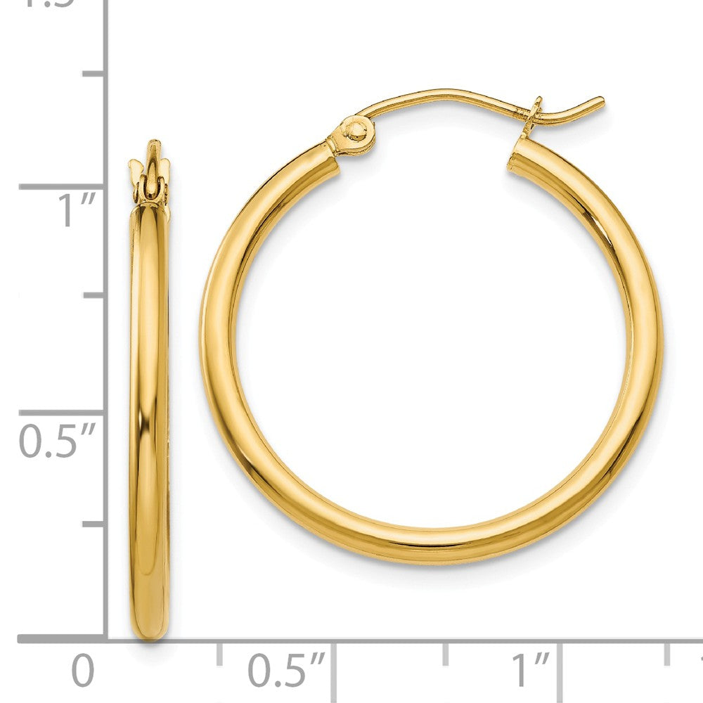 Alternate view of the 2mm, 14k Yellow Gold Classic Round Hoop Earrings, 25mm (1 Inch) by The Black Bow Jewelry Co.