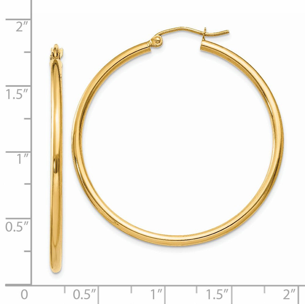 Alternate view of the 2mm, 14k Yellow Gold Classic Round Hoop Earrings, 40mm (1 1/2 Inch) by The Black Bow Jewelry Co.