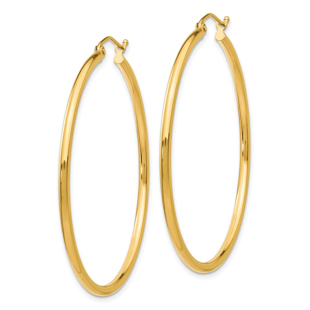 Alternate view of the 2mm, 14k Yellow Gold Classic Round Hoop Earrings, 45mm (1 3/4 Inch) by The Black Bow Jewelry Co.