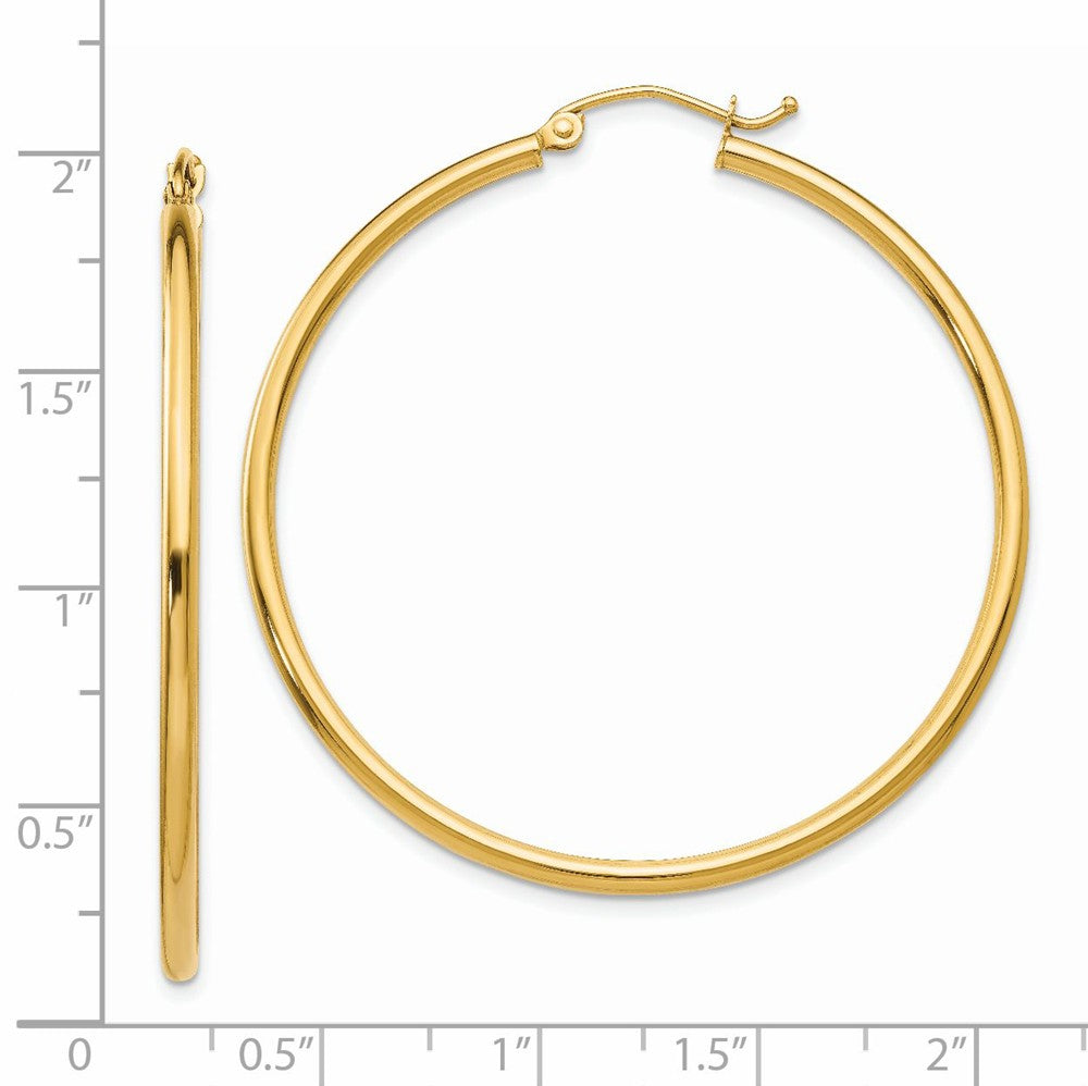 Alternate view of the 2mm, 14k Yellow Gold Classic Round Hoop Earrings, 45mm (1 3/4 Inch) by The Black Bow Jewelry Co.