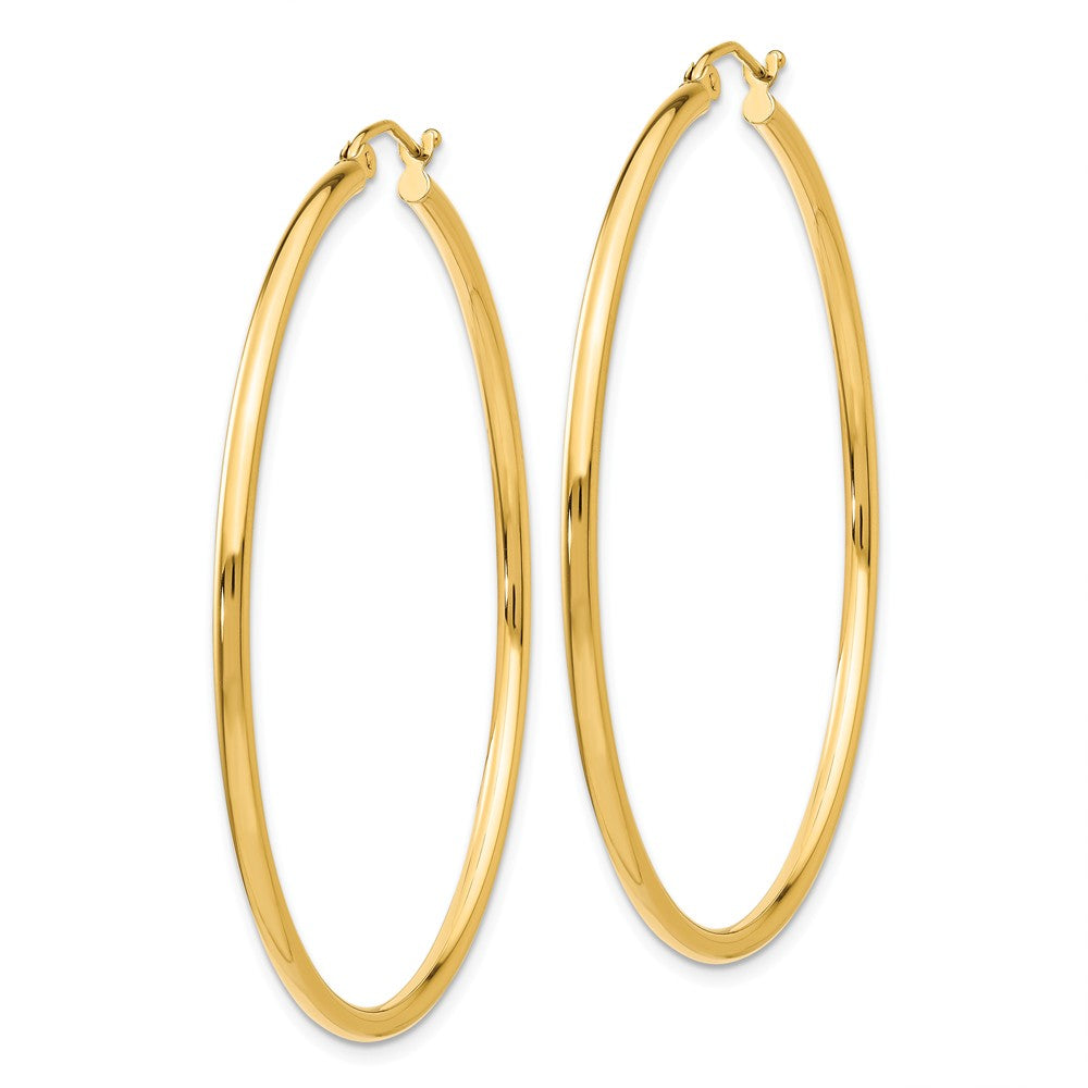 Alternate view of the 2mm, 14k Yellow Gold Classic Round Hoop Earrings, 50mm (1 7/8 Inch) by The Black Bow Jewelry Co.