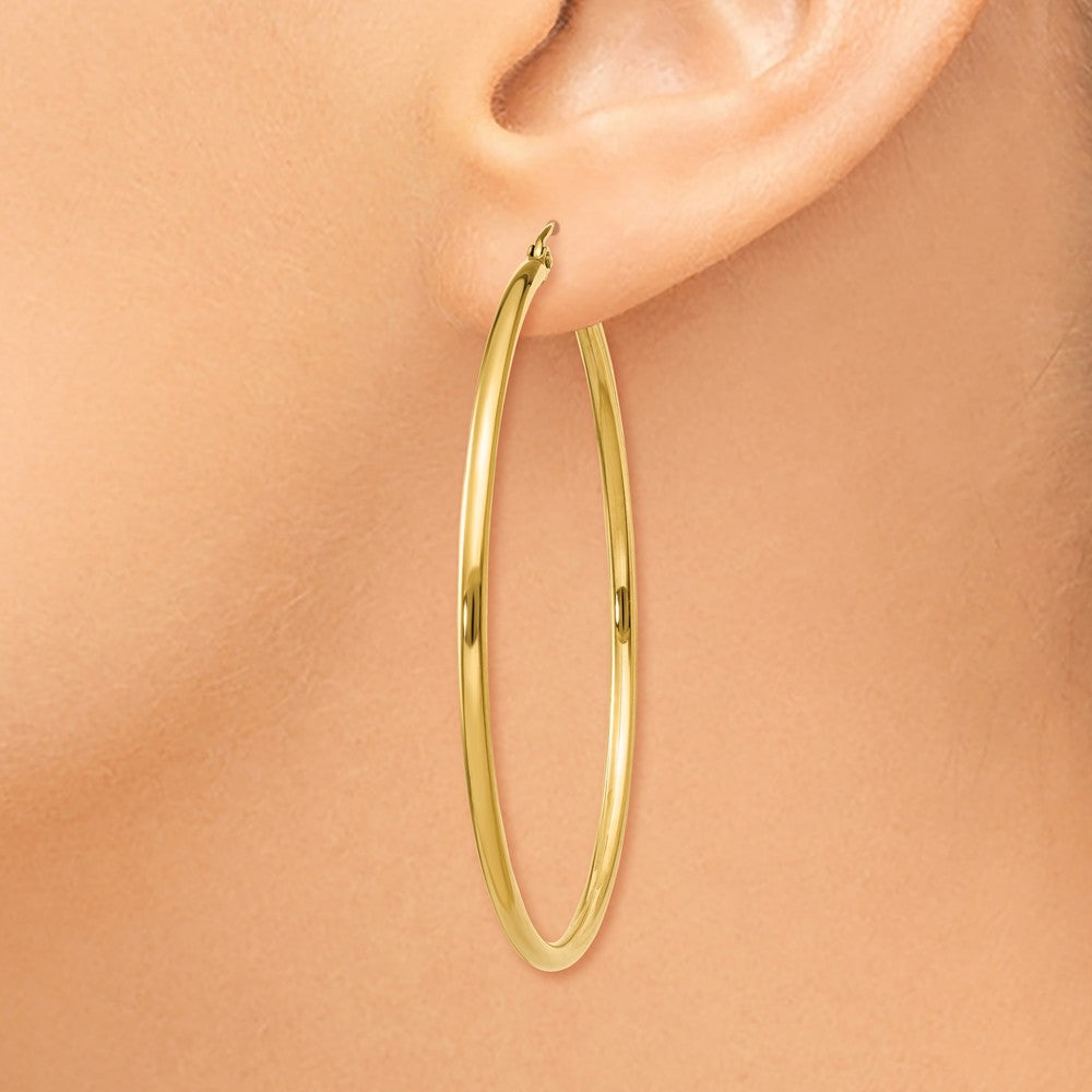 Alternate view of the 2mm, 14k Yellow Gold Classic Round Hoop Earrings, 50mm (1 7/8 Inch) by The Black Bow Jewelry Co.