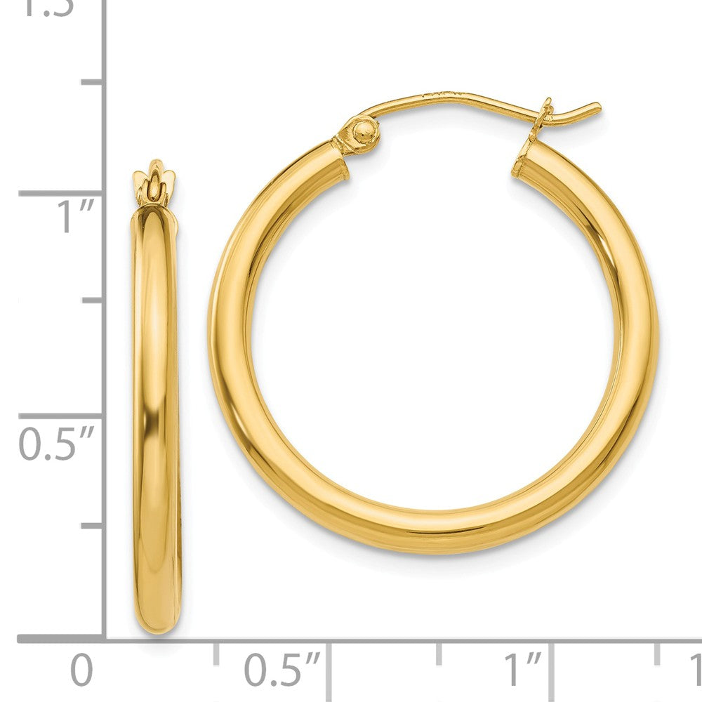 Alternate view of the 2.5mm, 14k Yellow Gold Classic Round Hoop Earrings, 25mm (1 Inch) by The Black Bow Jewelry Co.