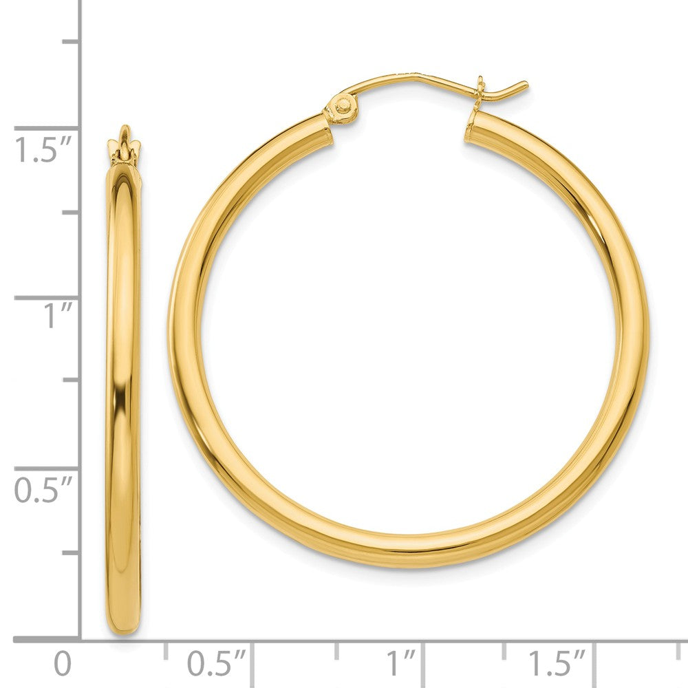 Alternate view of the 2.5mm, 14k Yellow Gold Classic Round Hoop Earrings, 35mm (1 3/8 Inch) by The Black Bow Jewelry Co.