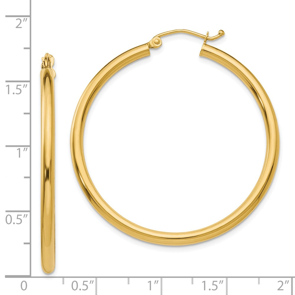 Alternate view of the 2.5mm, 14k Yellow Gold Classic Round Hoop Earrings, 40mm (1 1/2 Inch) by The Black Bow Jewelry Co.