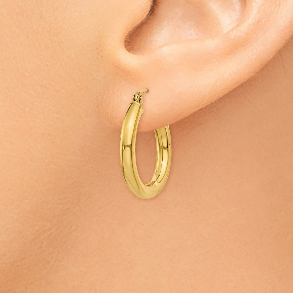 Alternate view of the 3mm, 14k Yellow Gold Classic Round Hoop Earrings, 20mm (3/4 Inch) by The Black Bow Jewelry Co.