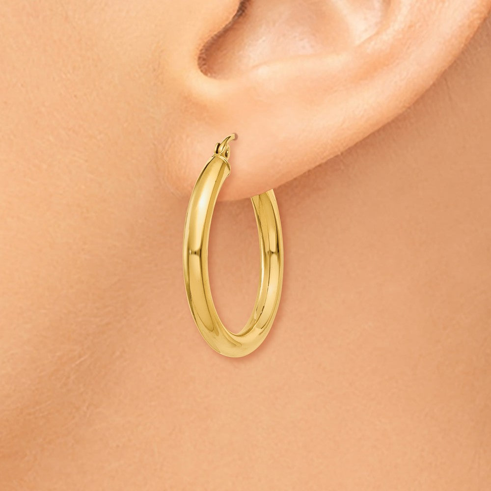 Alternate view of the 3mm, 14k Yellow Gold Classic Round Hoop Earrings, 25mm (1 Inch) by The Black Bow Jewelry Co.