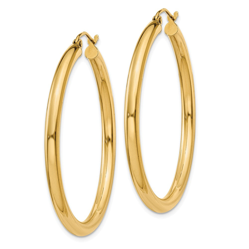 Alternate view of the 3mm, 14k Yellow Gold Classic Round Hoop Earrings, 40mm (1 1/2 Inch) by The Black Bow Jewelry Co.