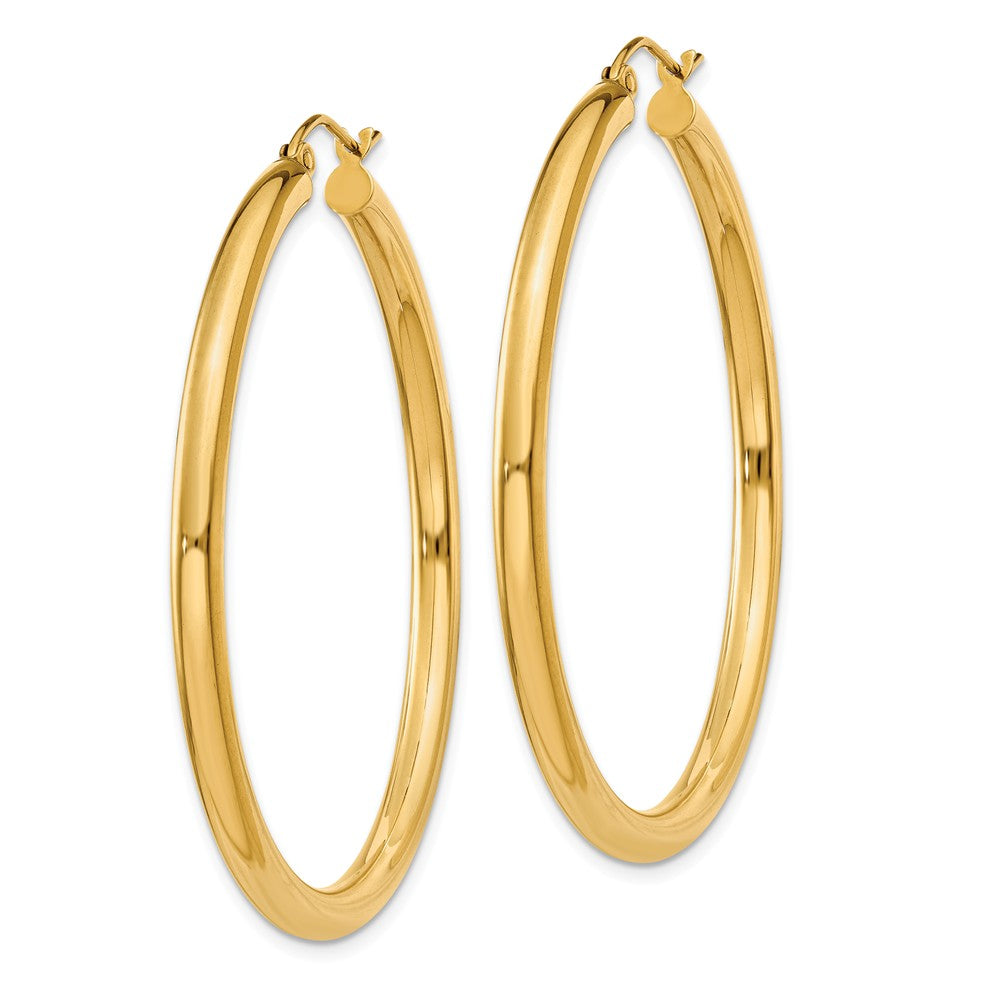 Alternate view of the 3mm, 14k Yellow Gold Classic Round Hoop Earrings, 45mm (1 3/4 Inch) by The Black Bow Jewelry Co.