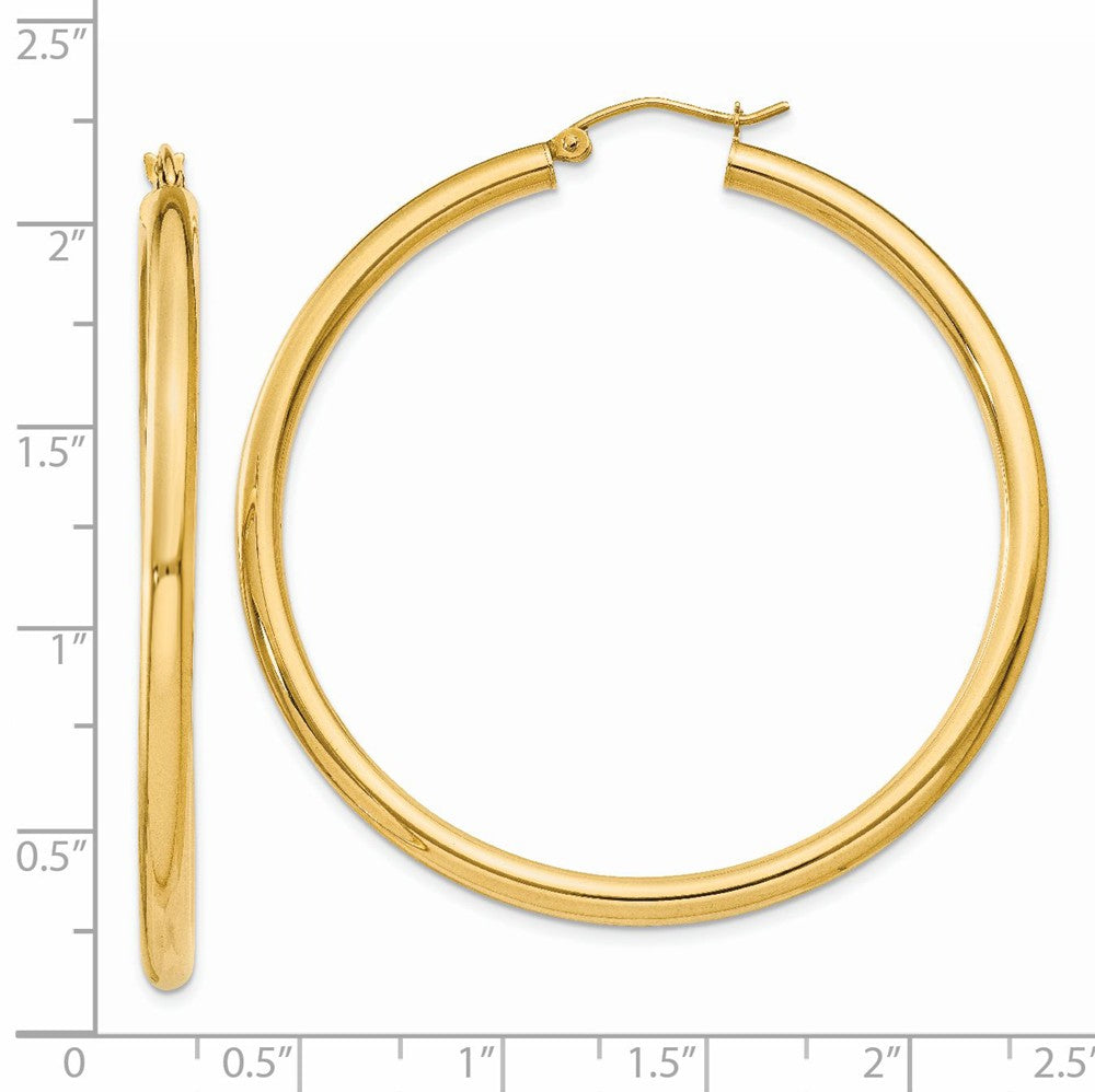 Alternate view of the 3mm, 14k Yellow Gold Classic Round Hoop Earrings, 50mm (1 7/8 Inch) by The Black Bow Jewelry Co.