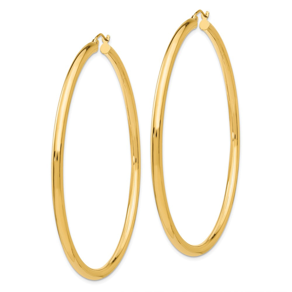 Alternate view of the 3mm, 14k Yellow Gold Classic Round Hoop Earrings, 65mm (2 1/2 Inch) by The Black Bow Jewelry Co.