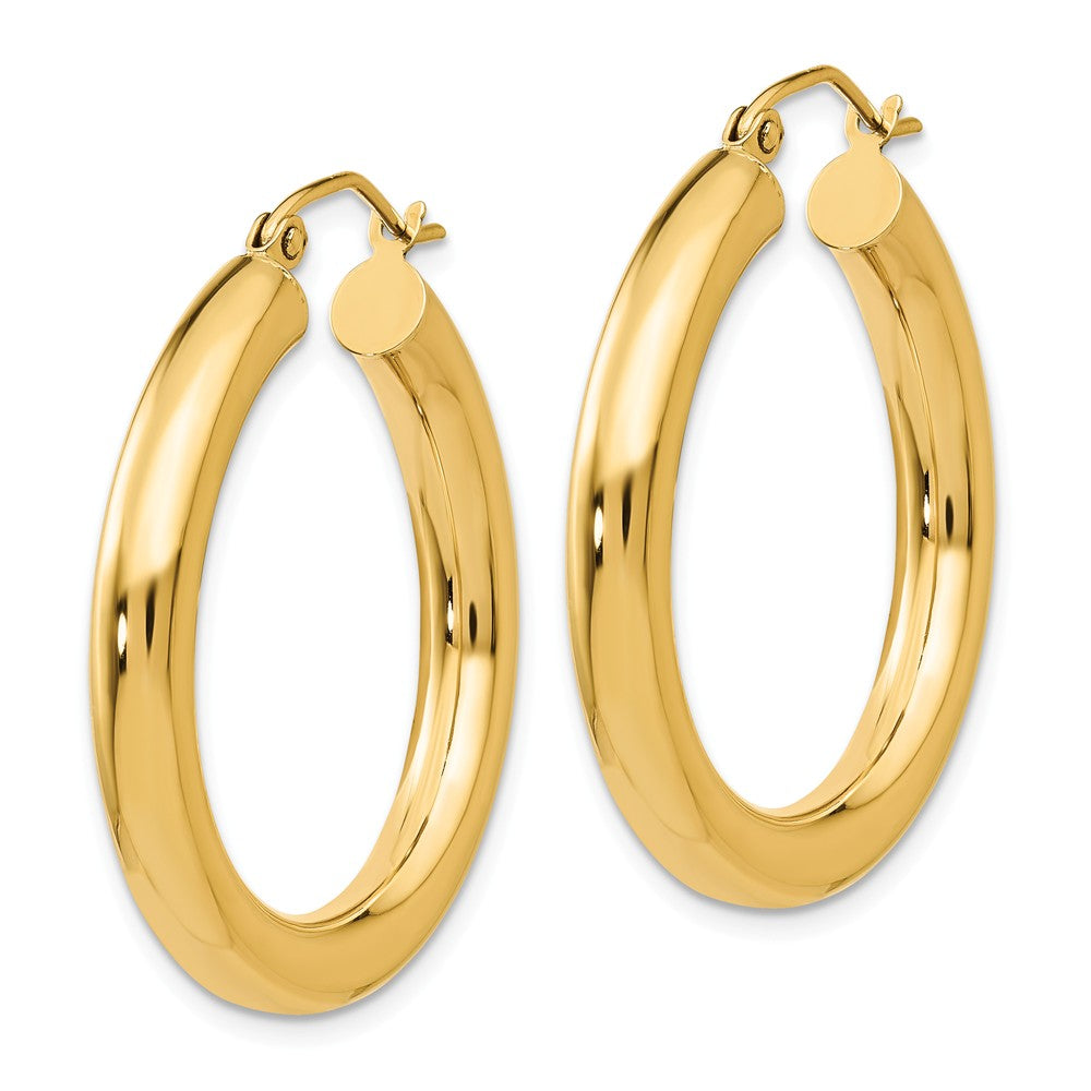 Alternate view of the 4mm, 14k Yellow Gold Classic Round Hoop Earrings, 30mm (1 1/8 Inch) by The Black Bow Jewelry Co.