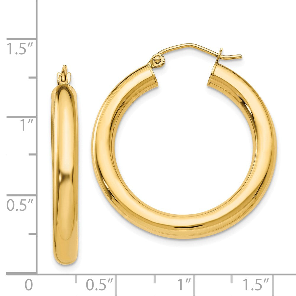 Alternate view of the 4mm, 14k Yellow Gold Classic Round Hoop Earrings, 30mm (1 1/8 Inch) by The Black Bow Jewelry Co.