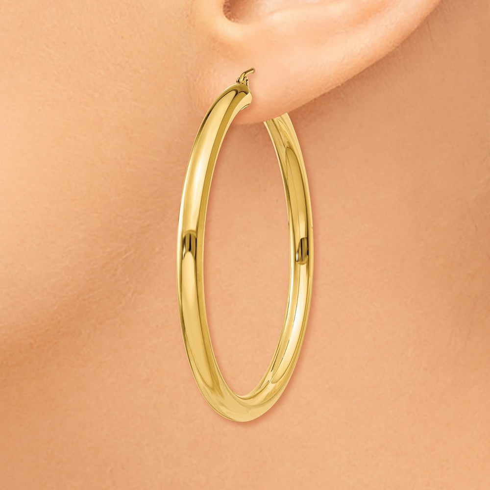 Alternate view of the 4mm, 14k Yellow Gold Classic Round Hoop Earrings, 50mm (1 7/8 Inch) by The Black Bow Jewelry Co.