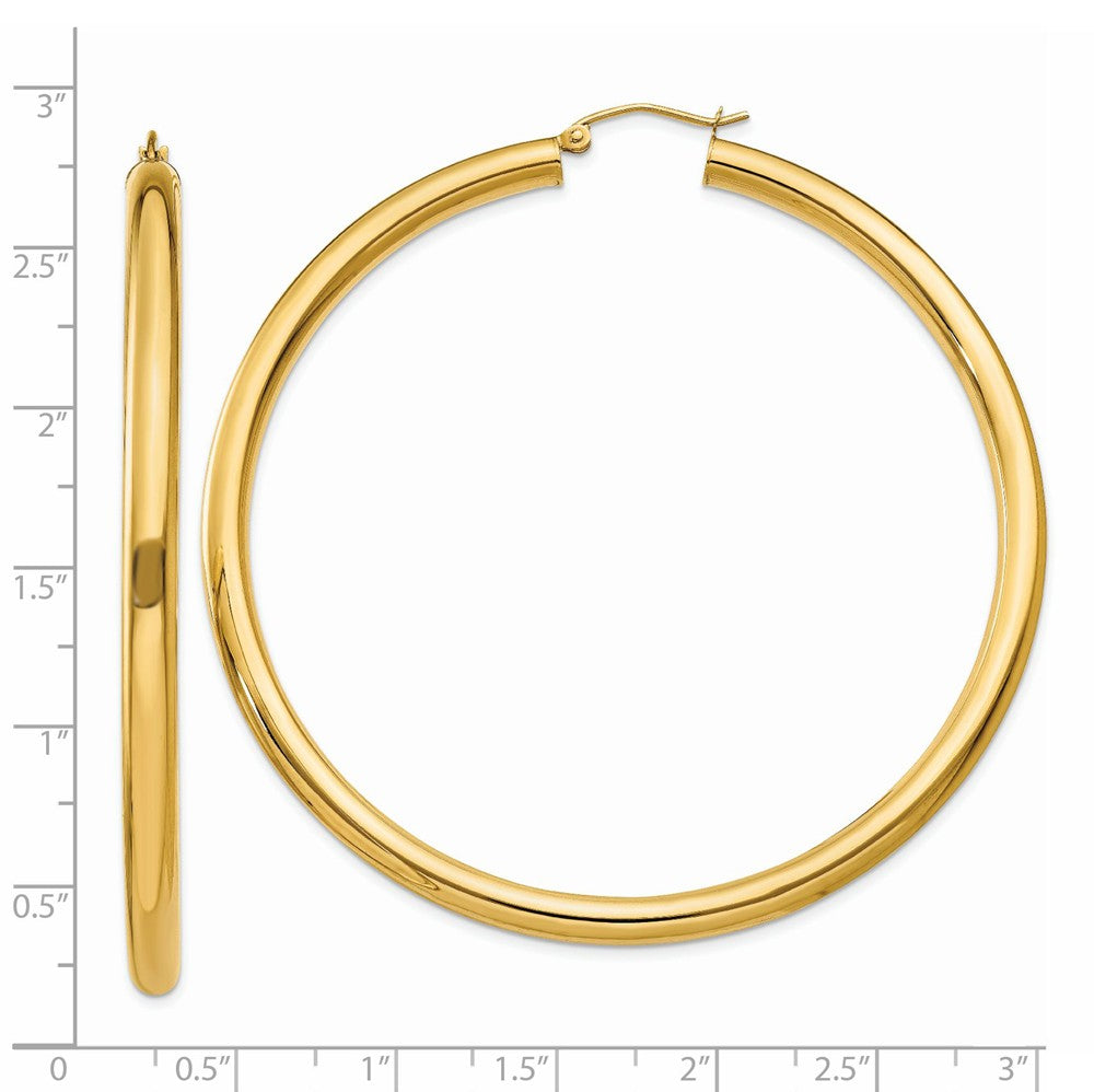 Alternate view of the 4mm, 14k Yellow Gold Classic Round Hoop Earrings, 65mm (2 1/2 Inch) by The Black Bow Jewelry Co.
