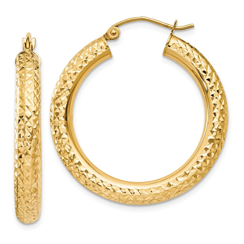 4mm, 14k Yellow Gold Diamond-cut Hoops, 30mm (1 1/8 Inch), Item E9408-30 by The Black Bow Jewelry Co.