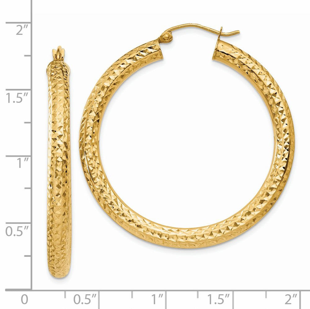 Alternate view of the 4mm, 14k Yellow Gold Diamond-cut Hoops, 40mm (1 1/2 Inch) by The Black Bow Jewelry Co.