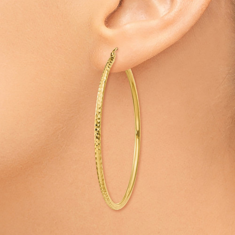 Alternate view of the 2mm, 14k Yellow Gold Diamond-cut Hoops, 50mm (1 7/8 Inch) by The Black Bow Jewelry Co.