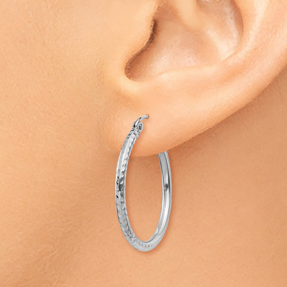 Alternate view of the 2mm, 14k White Gold Diamond-cut Hoops, 25mm (1 Inch) by The Black Bow Jewelry Co.