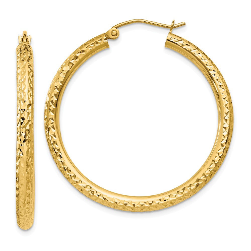 3mm, 14k Yellow Gold Diamond-cut Hoops, 35mm (1 3/8 Inch), Item E9419-35 by The Black Bow Jewelry Co.